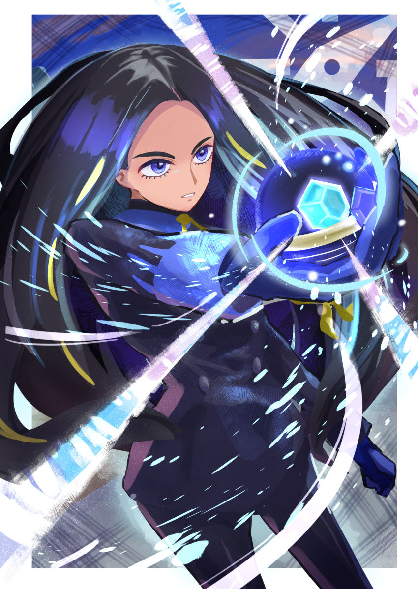 1girl black_hair black_jacket black_pants blue_eyes blue_gloves buttons commentary_request double-breasted eyelashes geeta_(pokemon) gloves highres holding_tera_orb jacket long_hair long_sleeves maato_tac neck_ribbon pants parted_lips pokemon pokemon_(game) pokemon_sv ribbon solo tera_orb yellow_ribbon