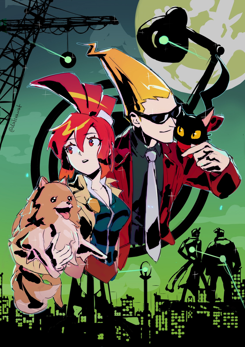 1girl 3boys animal animal_on_shoulder black_shirt blonde_hair cat cat_(ghost_trick) collared_shirt datcravat dog formal full_moon ghost_trick highres holding holding_animal jacket johdo kabanera looking_to_the_side lynne missile_(ghost_trick) moon multiple_boys necktie open_mouth pointy_hair pomeranian_(dog) ponytail ray_(ghost_trick) red_eyes red_jacket red_scarf redhead scarf shirt silhouette sissel sky smile suit sunglasses white_necktie yellow_jacket