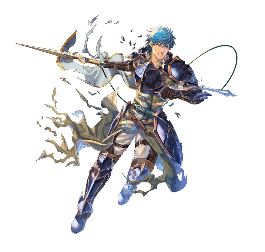1boy armor blue_eyes blue_hair breastplate clenched_teeth fire_emblem fire_emblem:_radiant_dawn fire_emblem_heroes geoffrey_(fire_emblem) holding holding_polearm holding_weapon leg_armor male_focus official_art polearm polearm_behind_back solo teeth torn_clothes weapon white_background
