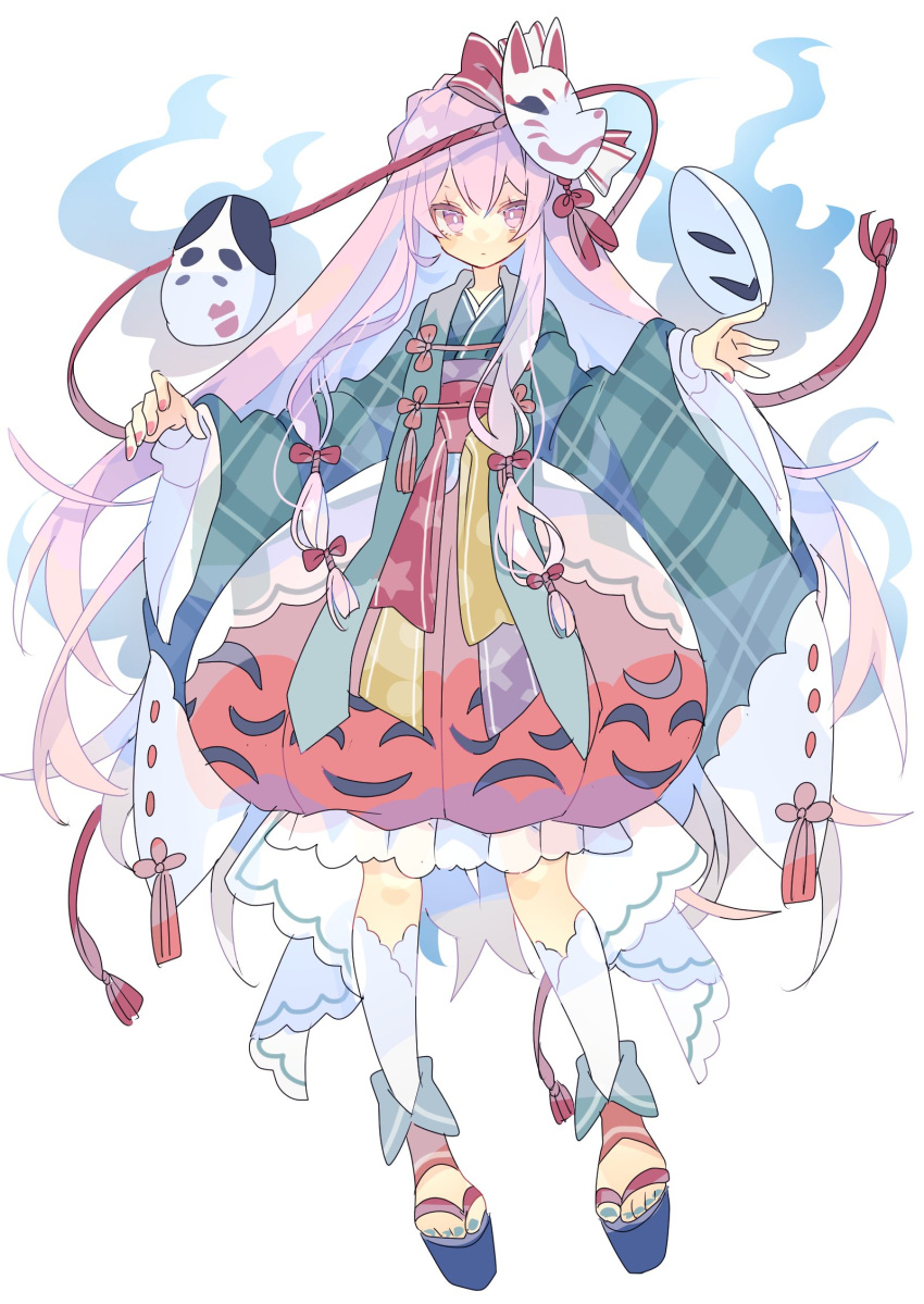 1girl adapted_costume aura bangs bow bubble_skirt closed_mouth commentary_request fox_mask full_body green_kimono hair_bow hata_no_kokoro highres japanese_clothes kimono long_hair long_sleeves looking_at_viewer mask mask_on_head nikorashi-ka okobo orange_skirt pink_eyes pink_hair pink_nails plaid_kimono sandals simple_background skirt socks solo touhou very_long_hair white_background white_socks wide_sleeves