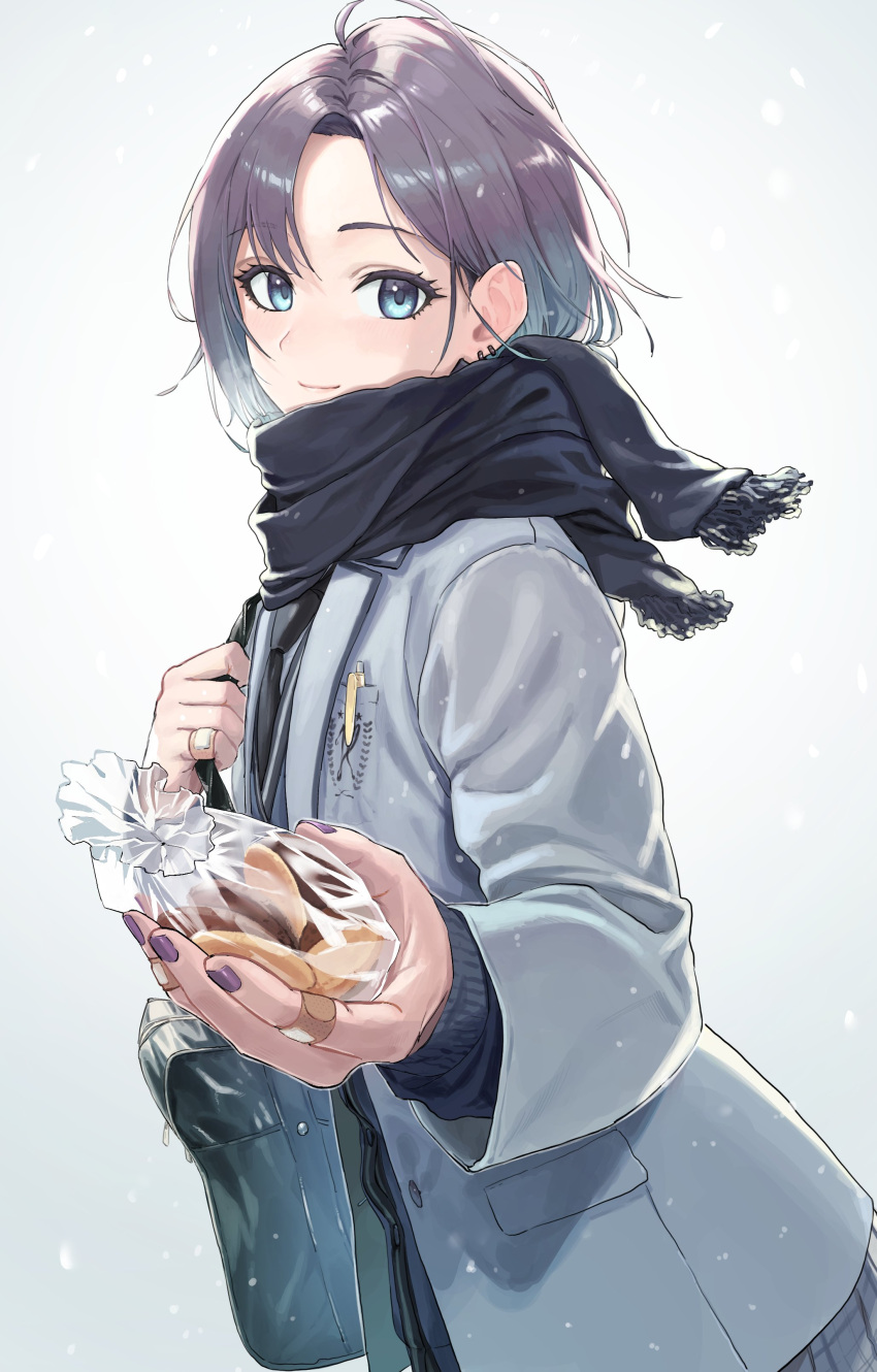 1girl absurdres ahoge asakura_toru bag bandaid bandaid_on_hand bangs black_scarf blue_eyes blue_hair blush breath closed_mouth coat cold commentary cookie cowboy_shot ear_piercing eyelashes fingernails food from_side gradient_hair grey_background grey_coat highres holding holding_bag idolmaster idolmaster_shiny_colors incoming_gift light_blue_hair looking_at_viewer multicolored_hair nail_polish outstretched_arm parted_bangs pen pen_in_pocket piercing plastic_bag purple_hair purple_nails revision scarf school_bag short_hair simple_background smile snow snowing solo two-tone_hair winter_clothes zelo6