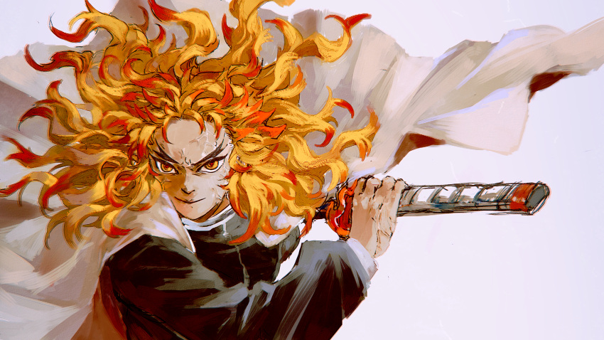 1boy blonde_hair cape closed_mouth colored_tips demon_slayer_uniform f_rabbit fighting_stance flame_print floating_cape floating_clothes floating_hair forked_eyebrows highres holding holding_sword holding_weapon katana kimetsu_no_yaiba long_hair long_sleeves male_focus multicolored_hair ready_to_draw redhead rengoku_kyoujurou simple_background smile solo streaked_hair sword traditional_media upper_body veins weapon white_background white_cape yellow_eyes