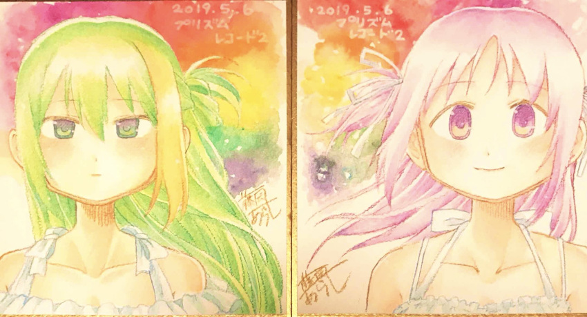 2girls acrylic_paint_(medium) alina_gray alternate_costume bangs bare_shoulders blonde_hair blush closed_mouth dated dress green_eyes green_hair hair_between_eyes hair_ribbon highres ketsuwotatakuna long_hair looking_at_viewer magia_record:_mahou_shoujo_madoka_magica_gaiden mahou_shoujo_madoka_magica misono_karin multicolored_hair multiple_girls painting_(medium) parted_bangs purple_hair ribbon shikishi signature single_hair_ring smile streaked_hair traditional_media two_side_up upper_body violet_eyes white_dress white_ribbon