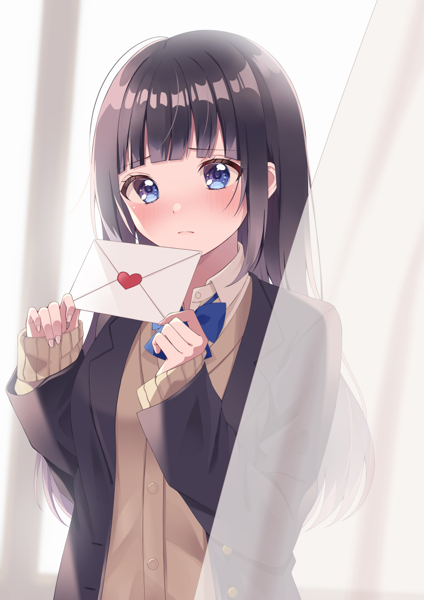 1girl absurdres bangs beacha black_hair blazer blue_bow blue_bowtie blue_eyes blush bow bowtie brown_sweater confession curtains day envelope frown highres holding holding_envelope indoors jacket long_hair looking_at_viewer original school_uniform standing sweater upper_body very_long_hair