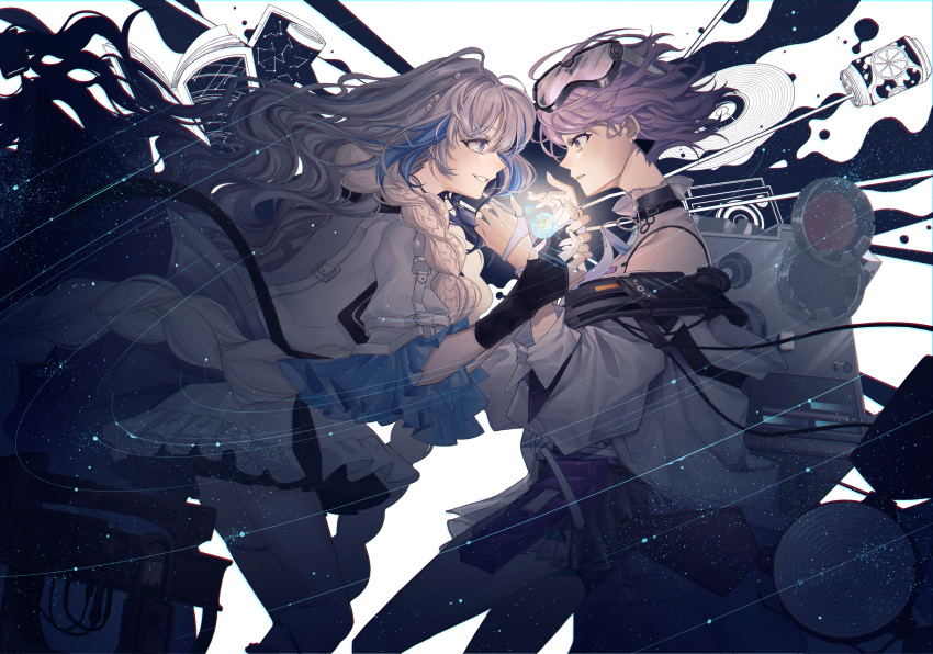 2girls absurdres blue_hair choker commentary_request cowboy_shot earrings fingerless_gloves fresnel_(girls'_frontline_nc) frills from_side girls'_frontline_neural_cloud girls_frontline gloves goggles goggles_on_head grey_hair highres hubble_(girls'_frontline_nc) jacket jewelry long_hair looking_at_another multicolored_hair multiple_girls profile purple_hair rabb_horn short_hair skirt smile white_jacket