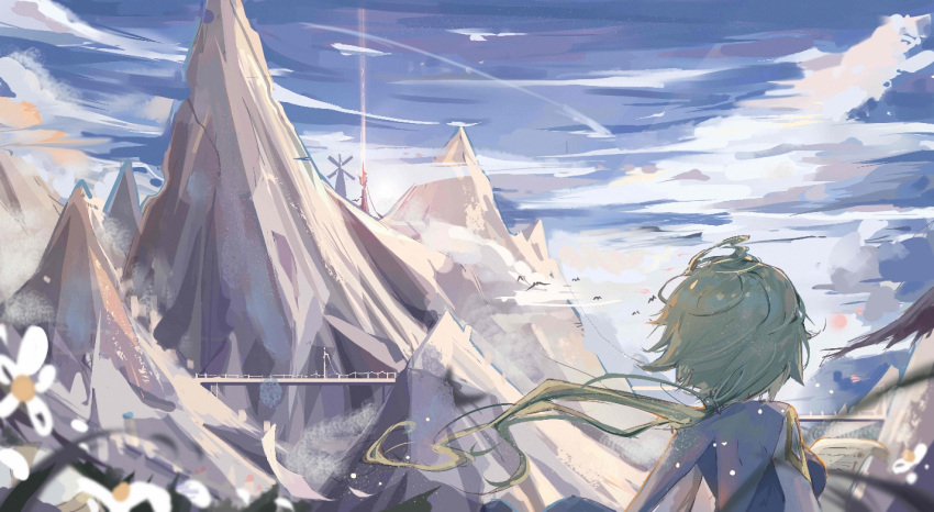 1girl back bare_back bird blonde_hair blue_sky clouds cloudy_sky floating_hair genshin_impact looking_afar lumine_(genshin_impact) mountain open_clothes short_hair sky solo solo_focus wind windmill yajuu