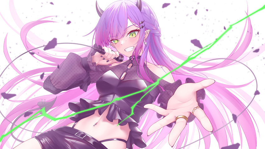 1girl bare_shoulders belt blush braid breasts demon_tail ear_piercing earrings green_eyes grin hair_ornament holding holding_microphone hololive horns jewelry long_hair looking_at_viewer medium_breasts microphone midriff nail_polish navel navel_piercing piercing purple_hair ring simple_background smile solo tail tokoyami_towa underwear very_long_hair virtual_youtuber white_background z.m._(school913102)