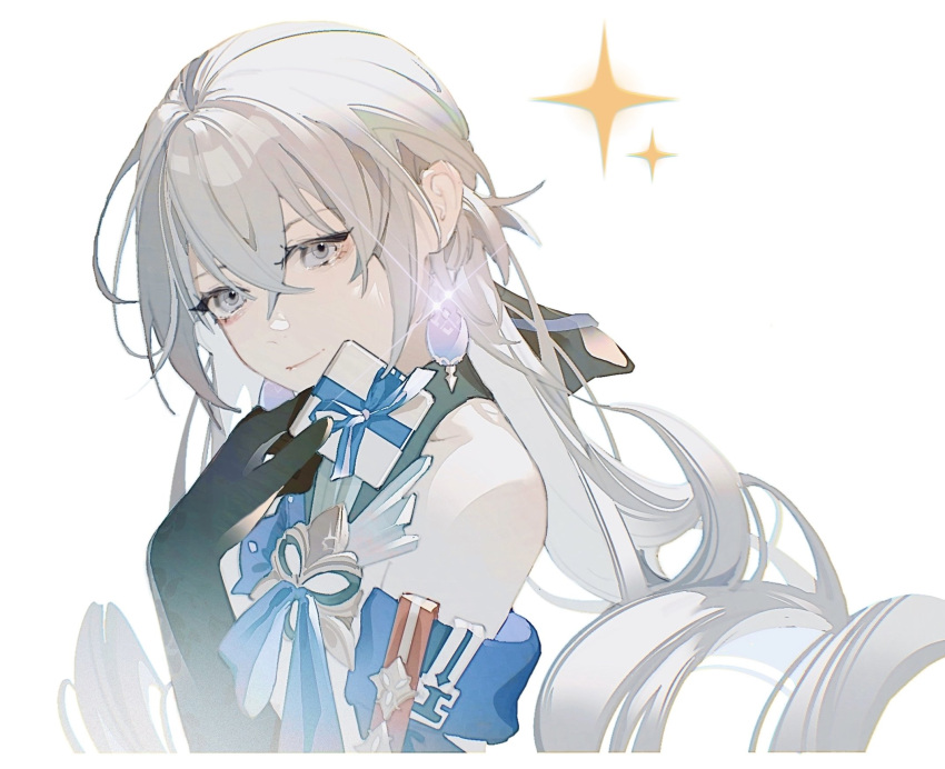 1girl bangs bare_shoulders black_gloves bronya_rand closed_mouth commentary earrings gift gloves grey_eyes hair_between_eyes highres holding holding_gift hollning honkai:_star_rail honkai_(series) jewelry long_hair looking_at_viewer simple_background solo sparkle_background star_(symbol) white_background white_hair