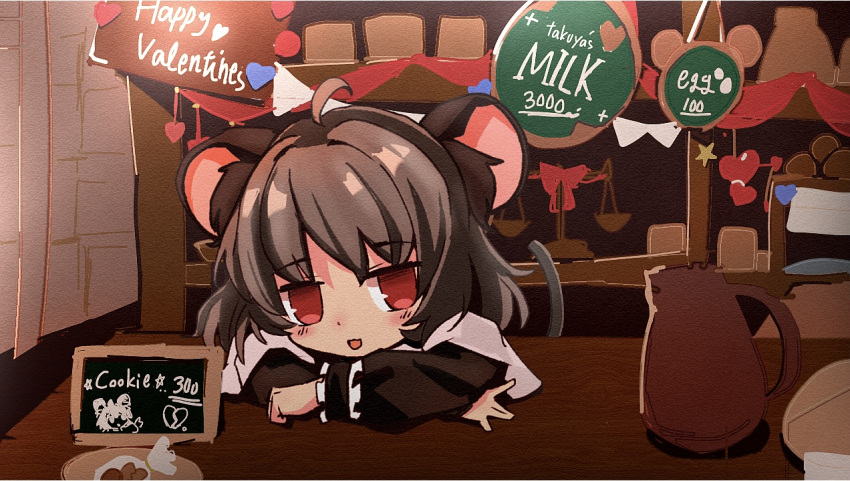 1girl ahoge animal_ear_fluff animal_ears bangs blush bow capelet chalkboard commentary_request cookie_(touhou) crossed_arms grey_hair happy_valentine heart looking_at_viewer manatsu_no_yo_no_inmu mouse_ears mouse_girl mouse_tail nazrin nyon_(cookie) open_mouth red_bow red_eyes short_hair smile solo sparseseethe table tail teapot touhou upper_body weighing_scale white_capelet