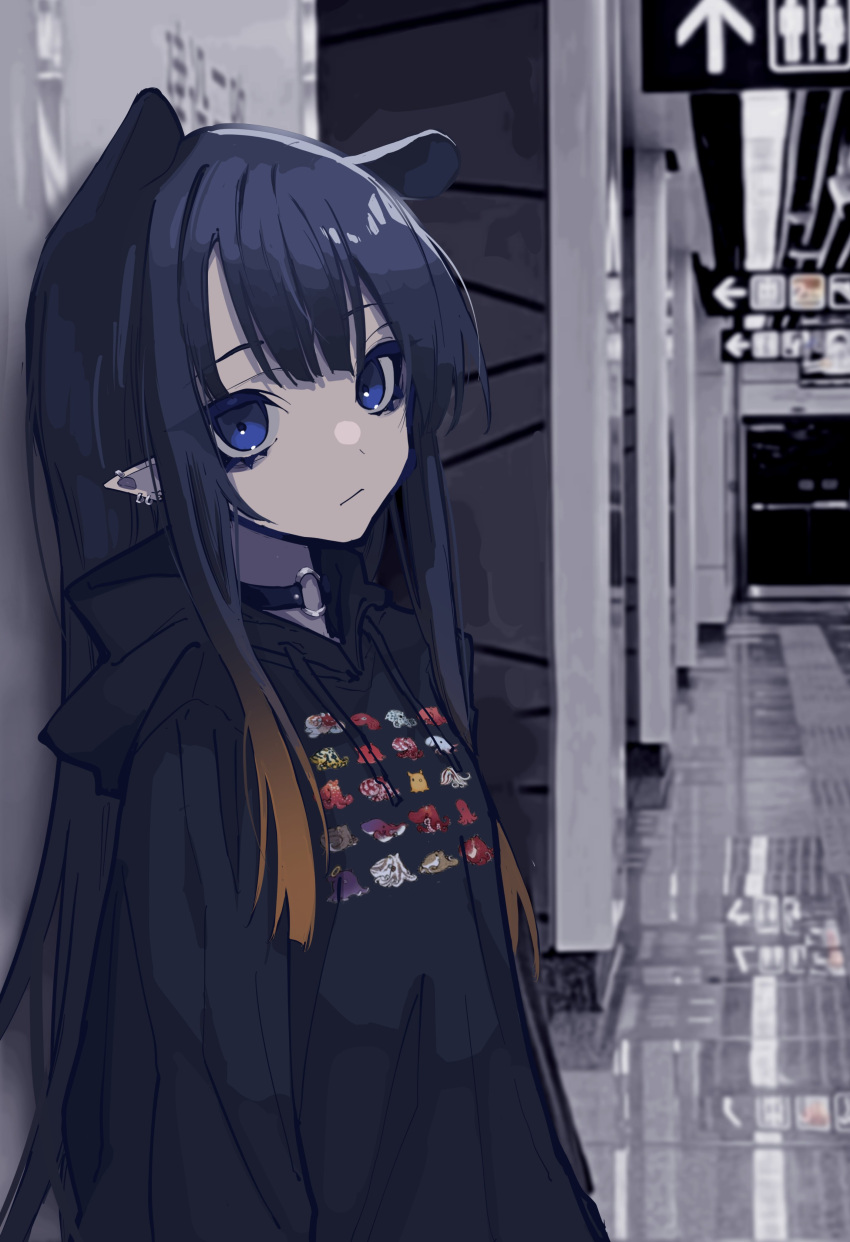 1girl absurdres bags_under_eyes black_hair blue_eyes casual choker earrings english_commentary gradient_hair highres hololive hololive_english hood hoodie jewelry long_hair looking_at_viewer mentally_deficient multicolored_hair ninomae_ina'nis o-ring o-ring_choker photo_background pointy_ears sidelocks solo subway_station textless_version very_long_hair virtual_youtuber