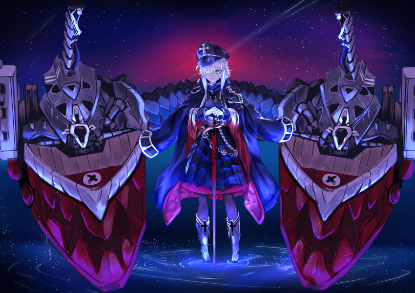 1girl absurdres armor armored_skirt artillery azur_lane black_coat blue_eyes breastplate coat coat_on_shoulders cross cvel_1014 hand_on_hilt hat highres iron_cross long_hair military_hat multicolored_hair night odin_(azur_lane) open_clothes open_coat padded_coat peaked_cap redhead solo standing standing_on_liquid sword turret two-tone_hair weapon white_hair