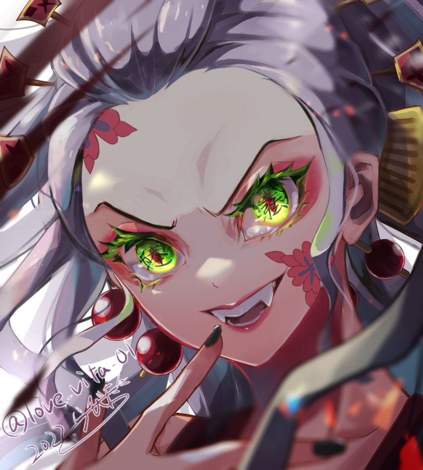 1girl black_nails blurry colored_eyelashes daki_(kimetsu_no_yaiba) dated depth_of_field fangs floating_hair forehead green_eyes grey_hair hair_ornament hair_pulled_back hair_stick hand_up highres kimetsu_no_yaiba lipstick long_hair looking_at_viewer love_vita_01 makeup open_mouth portrait simple_background smile solo text_in_eyes twitter_username white_background white_hair