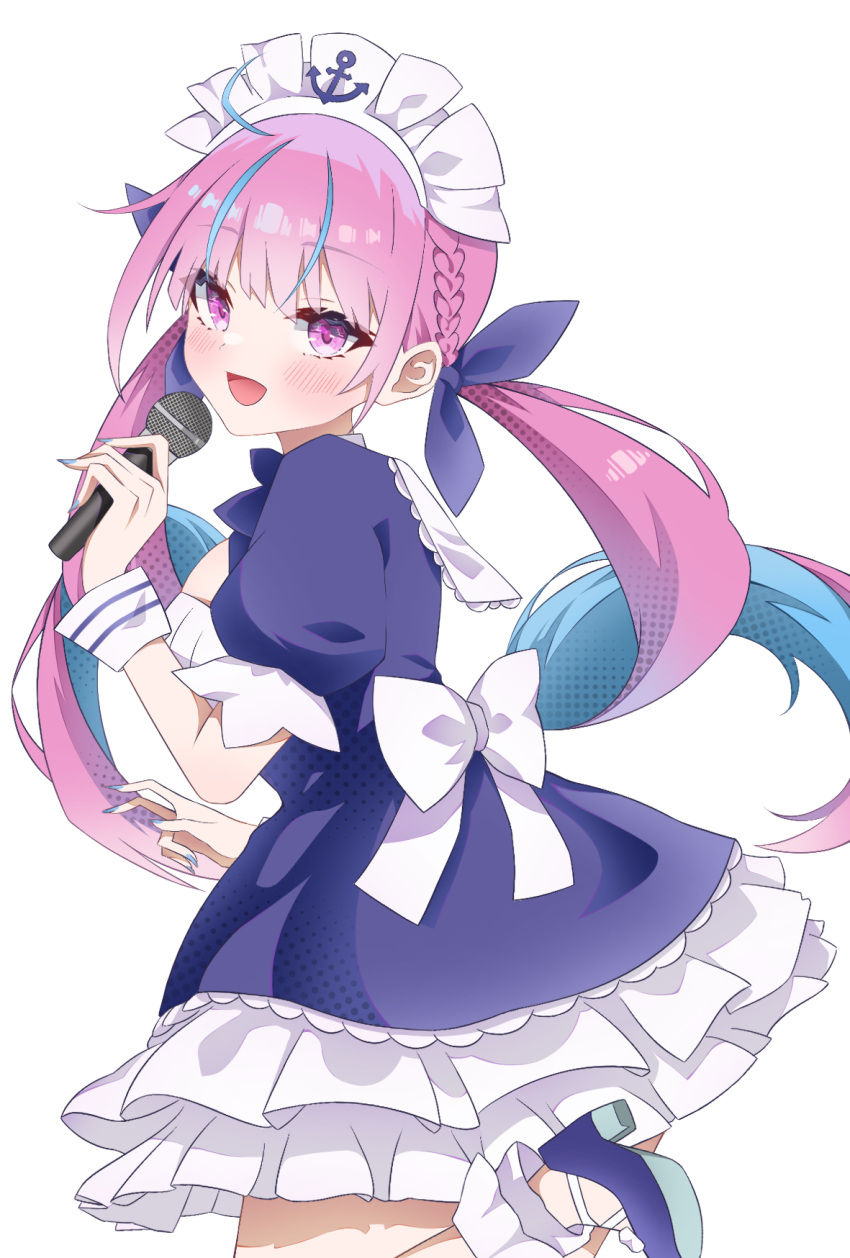 1girl bangs blue_nails blush dress highres holding holding_microphone hololive long_hair looking_at_viewer maid maid_headdress microphone minato_aqua open_mouth pink_eyes pink_hair rumurumu short_sleeves simple_background smile solo standing standing_on_one_leg twintails virtual_youtuber white_background
