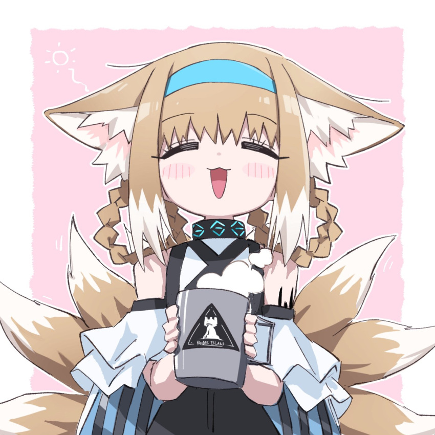 1girl :d =_= animal_ear_fluff animal_ears arknights bangs bare_shoulders blue_hairband blush braid brown_hair closed_eyes commentary_request cup facing_viewer fox_ears fox_girl fox_tail hair_rings hairband highres holding holding_cup kyuubi mug multicolored_hair multiple_tails pink_background shirt smile solo steam suzuran_(arknights) tail twin_braids two-tone_background two-tone_hair white_background white_hair white_shirt yachima_tana