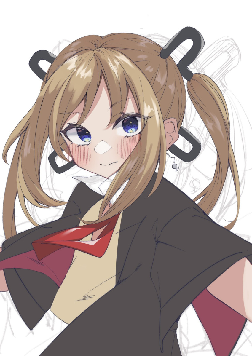 1girl black_jacket blue_eyes blush commentary_request dhuten eyes_visible_through_hair girls_frontline hair_tubes highres jacket light_brown_hair long_hair looking_at_viewer shirt sidelocks skorpion_(girls'_frontline) solo twintails upper_body white_background yellow_shirt