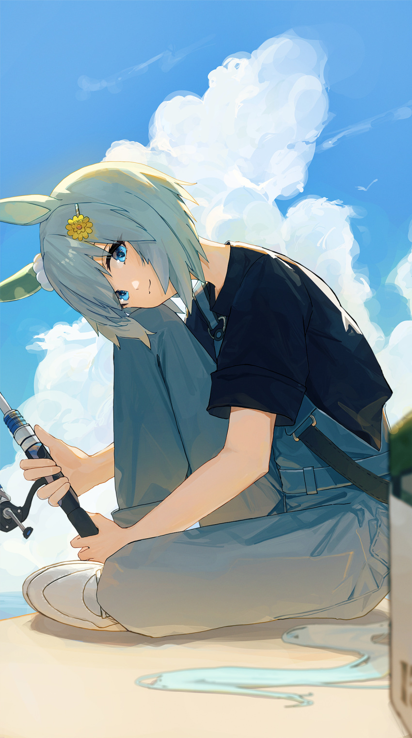 1girl animal_ears black_shirt blue_eyes blue_overalls blue_sky closed_mouth commentary ear_covers fishing fishing_rod hair_ornament hairclip highres horse_ears horse_girl horse_tail looking_at_viewer looking_to_the_side ningen_gokko outdoors overalls seiun_sky_(umamusume) shirt shoes short_hair short_sleeves single_ear_cover sky sneakers solo tail umamusume white_footwear