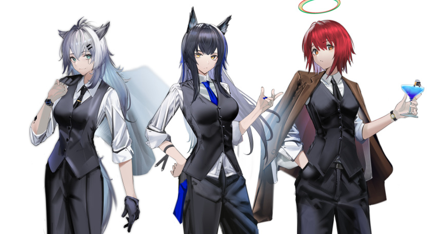 1girl 3girls absurdres adapted_costume alternate_costume animal_ear_fluff animal_ears aqua_eyes arknights bangs black_gloves black_hair black_jacket black_necktie black_pants black_vest blue_necktie breasts brown_jacket closed_mouth collared_shirt cowboy_shot eugle_na exusiai_(arknights) formal gloves grey_hair halo hand_in_pocket hand_up highres jacket jacket_on_shoulders jacket_over_shoulder jacket_removed lappland_(arknights) large_breasts long_hair long_sleeves looking_at_viewer multiple_girls necktie open_clothes open_jacket orange_eyes oripathy_lesion_(arknights) pants parted_lips redhead scar scar_on_face shirt short_hair simple_background smile suit tail texas_(arknights) texas_the_omertosa_(arknights) the_emperor_(arknights) very_long_hair vest watch watch white_background white_shirt wolf_ears wolf_girl wolf_tail yellow_eyes