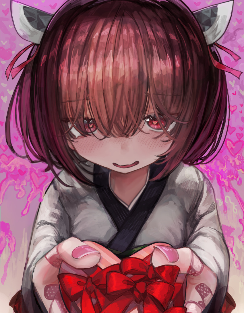 1girl bandaid bandaid_on_hand bangs blade blush bob_cut bow box brown_hair check_commentary commentary commentary_request furrowed_brow gift hair_over_eyes hair_ribbon headgear heart heart-shaped_box heart-shaped_pupils heart_background highres holding holding_gift incoming_gift japanese_clothes kimono long_bangs long_sleeves looking_at_viewer microa nervous_smile nose_blush pink_background pink_nails pink_ribbon red_bow red_eyes ribbon short_hair short_twintails smile solo symbol-shaped_pupils too_many_bandaids touhoku_kiritan twintails upper_body upturned_eyes valentine voiceroid wavy_mouth white_kimono