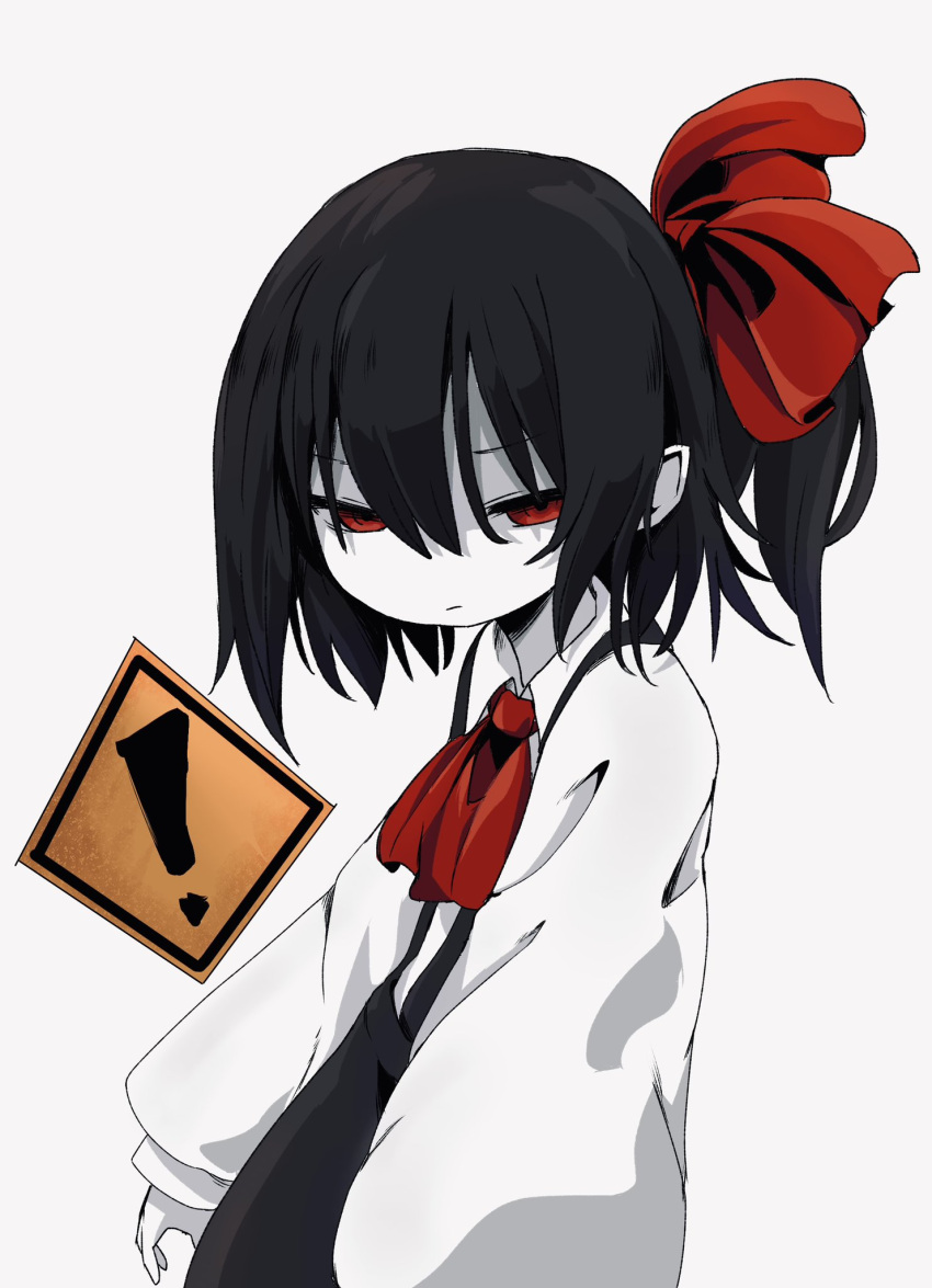 ! 1girl ascot bangs black_hair black_skirt bow closed_mouth colored_skin commentary cookie_(touhou) cowboy_shot flat_chest frown hair_between_eyes hair_bow highres long_sleeves looking_at_viewer ponytail red_ascot red_bow red_eyes shirt sign simple_background siyudi_(cookie) skirt solo sparseseethe suspender_skirt suspenders warning_sign white_background white_shirt white_skin