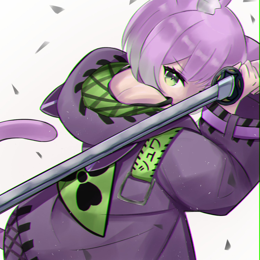 1girl animal_ears animal_hood cat_ears cat_girl cat_hood cat_tail chromatic_aberration commission gradient_hair green_eyes green_hair highres holding holding_sword holding_weapon hood hood_down hooded_jacket indie_virtual_youtuber jacket katana long_sleeves looking_at_viewer multicolored_hair purple_hair purple_jacket radiation_symbol sasanoha_(sasanoha0712) second-party_source short_hair shwaa skeb_commission sword tail v-shaped_eyebrows virtual_youtuber weapon wide_sleeves