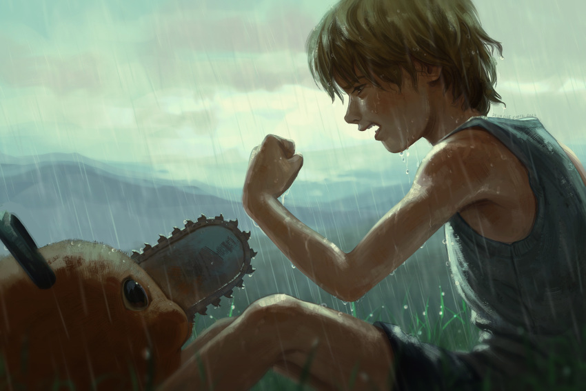 1boy aged_down blonde_hair blurry blurry_background brown_eyes chainsaw chainsaw_man clenched_hand clouds cloudy_sky commentary denji_(chainsaw_man) devin_elle_kurtz english_commentary from_side grass highres looking_at_another male_focus open_clothes pochita_(chainsaw_man) rain shirt short_hair shorts sky sleeveless sleeveless_shirt solo t-shirt teeth wet white_shirt