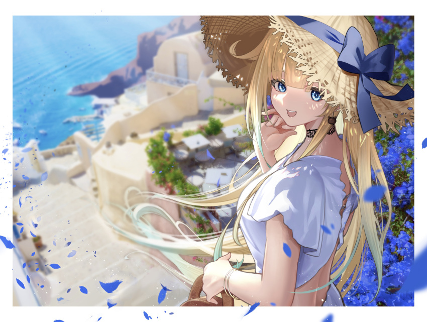 1girl aizawa_ema architecture bag bangle bangs black_choker blonde_hair blue_eyes blue_flower blue_ribbon blunt_bangs border bracelet breasts building cafe cat_earrings chair choker cliff crop_top cross-laced_clothes cross-laced_top earrings falling_petals flower gradient_hair green_hair hair_between_eyes hair_flaps handbag hat hat_ribbon highres holding holding_bag jewelry k/o_(user_thvt7788) lace lace_choker large_breasts long_hair looking_at_viewer looking_back multicolored_hair ocean outdoors petals ribbon shirt sidelocks smile solo stairs standing straw_hat table teeth upper_body upper_teeth_only very_long_hair virtual_youtuber vspo! white_border white_shirt wind