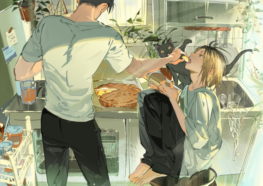 2boys animal atie1225 bag bangs barefoot black_cat black_hair black_pants blonde_hair book cat chair commentary counter cup day dish_rack drinking_glass facing_up feeding food from_behind frying_pan haikyuu!! hands_up hanging_plant highres holding holding_book indoors juice kitchen knees_up kozume_kenma kuroo_tetsurou looking_at_another looking_away male_focus multicolored_hair multiple_boys note open_book open_mouth outstretched_arm oversized_clothes pants pie plant plastic_bag potted_plant reaching shirt short_hair short_sleeves sink sitting standing stove streaked_hair symbol-only_commentary t-shirt table tight tight_shirt two-tone_hair vines water white_shirt window