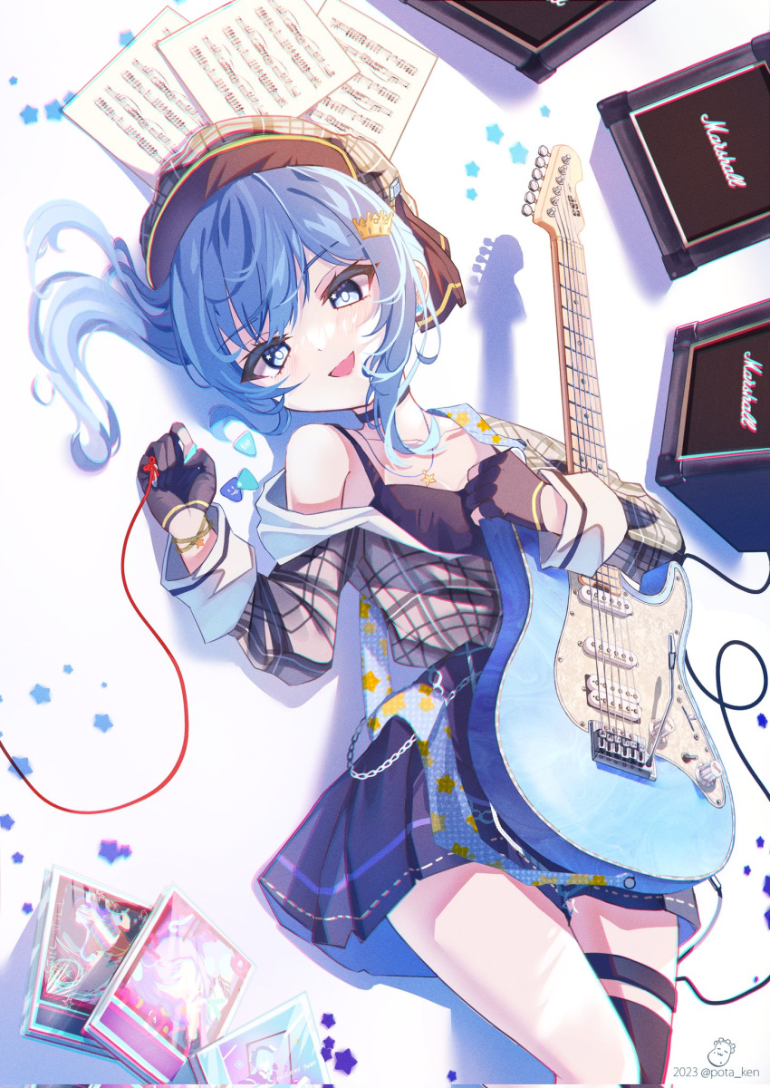 1girl amplifier bangs beret black_camisole black_choker black_skirt blue_eyes blue_hair camisole cd_case chain choker electric_guitar gloves guitar hat highres holding holding_instrument hololive hoshimachi_suisei instrument jacket long_hair looking_at_viewer lying on_back open_mouth partially_fingerless_gloves plaid plaid_jacket pleated_skirt plectrum pota_ken sheet_music side_ponytail skirt smile solo string string_of_fate twitter_username virtual_youtuber