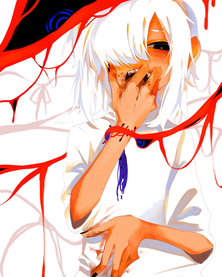 1other androgynous bangs black_eyes black_nails blood blood_on_hands blush gender_request hair_over_one_eye hand_up highres kiro-ji looking_at_viewer medium_hair original red_background shirt short_sleeves solo teeth tentacles upper_body upper_teeth_only white_background white_hair white_shirt