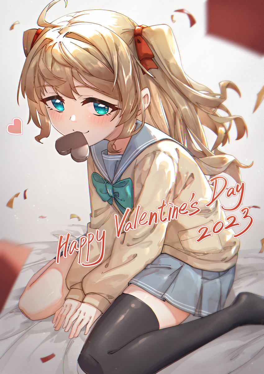 1girl absurdres ahoge bandaid bandaid_on_knee bandaid_on_leg black_socks black_thighhighs blue_eyes blue_sailor_collar blue_skirt blush bow bowtie candy cardigan chinese_commentary chocolate confetti english_commentary english_text food food_in_mouth green_bow green_bowtie hair_bow happy_valentine heart heart-shaped_chocolate highres indie_virtual_youtuber kneehighs light_brown_hair long_hair long_sleeves looking_at_viewer mesugaki mixed-language_commentary momose_hiyori mouth_hold neuro-sama pleated_skirt red_bow rune_(dualhart) sailor_collar school_uniform serafuku sidelocks single_kneehigh single_sock single_thighhigh sitting skirt smile socks thigh-highs two_side_up valentine virtual_youtuber wariza yellow_cardigan