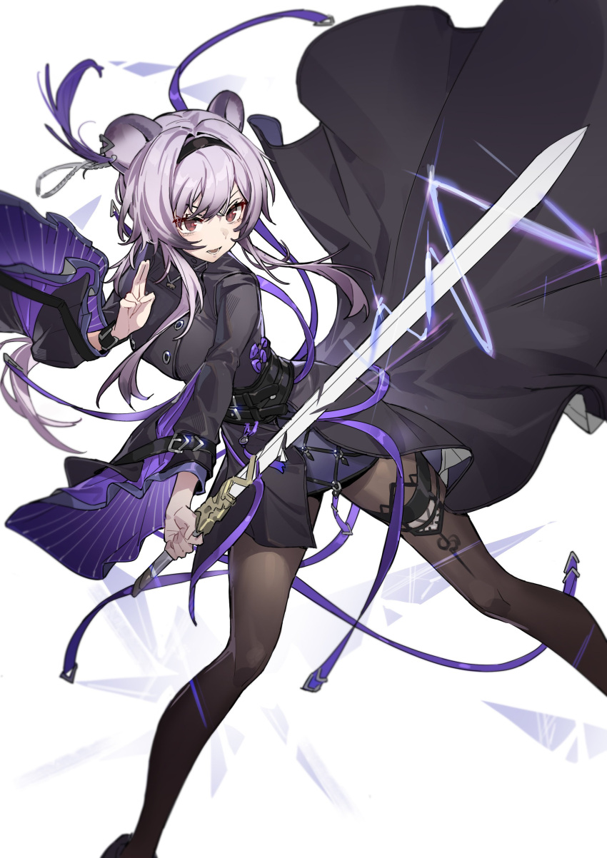 1girl absurdres animal_ears arknights bangs black_dress black_hairband breasts brown_pantyhose commentary_request dress feet_out_of_frame hair_between_eyes hairband highres holding holding_sword holding_weapon kyo_(krokikyon) lin_(arknights) long_hair long_sleeves medium_breasts pantyhose parted_lips purple_hair red_eyes sidelocks solo sword very_long_hair weapon white_background wide_sleeves