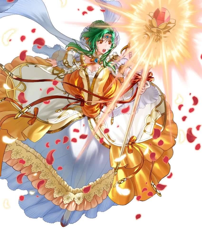 1girl bracelet breasts brown_eyes dress elincia_ridell_crimea fire_emblem fire_emblem:_radiant_dawn fire_emblem_heroes frilled_dress frills full_body gold_trim green_hair highres holding jewelry kita_senri long_dress long_sleeves non-web_source official_art puffy_sleeves see-through solo staff tiara transparent_background