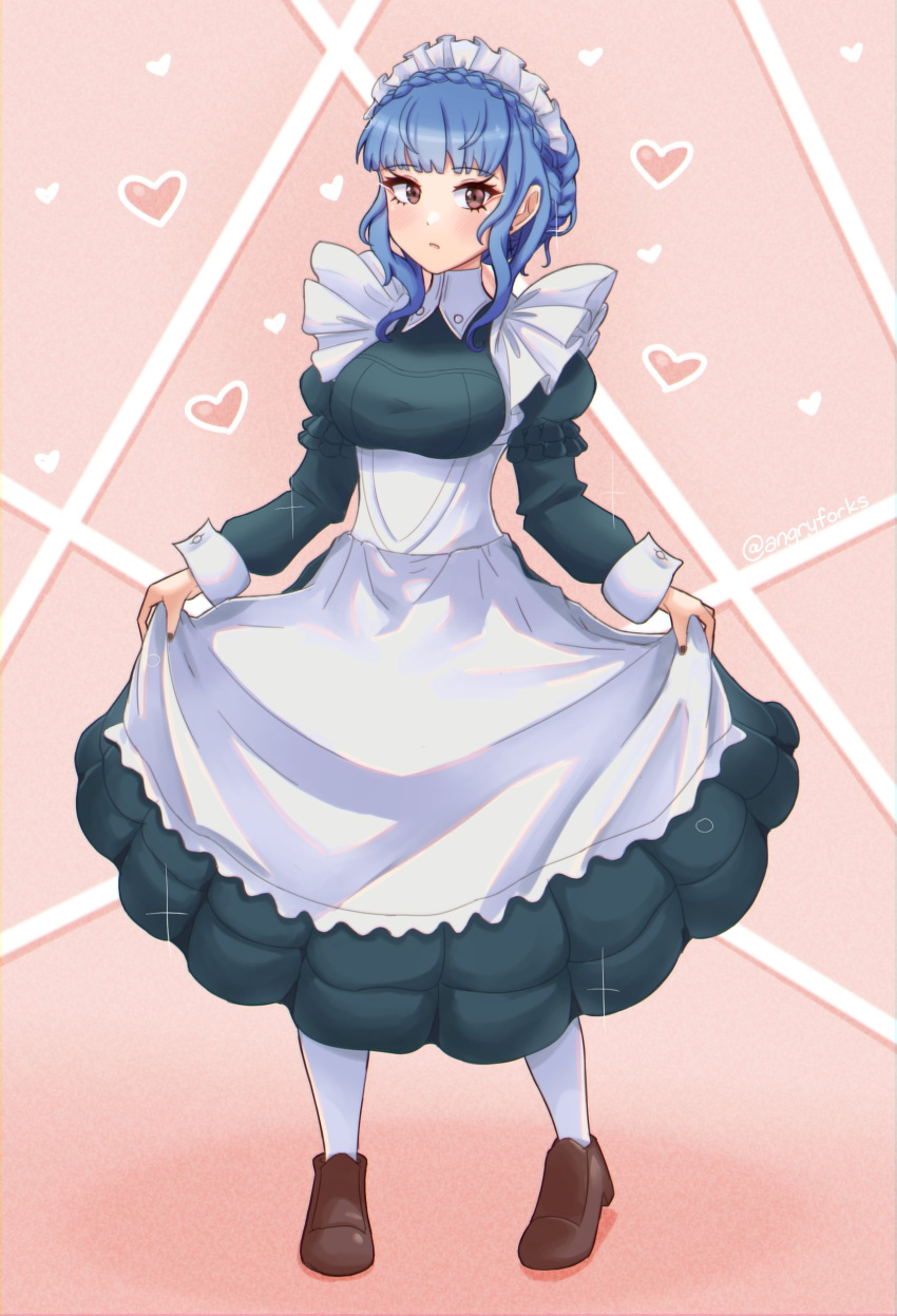 1girl absurdres angryforks apron blue_dress blue_hair blush braid breasts brown_eyes brown_footwear commentary crown_braid dress english_commentary fire_emblem fire_emblem:_three_houses full_body heart highres juliet_sleeves long_sleeves looking_at_viewer maid maid_headdress marianne_von_edmund medium_breasts official_alternate_costume pantyhose puffy_sleeves shoes short_hair sidelocks skirt_hold solo waist_apron white_apron white_pantyhose
