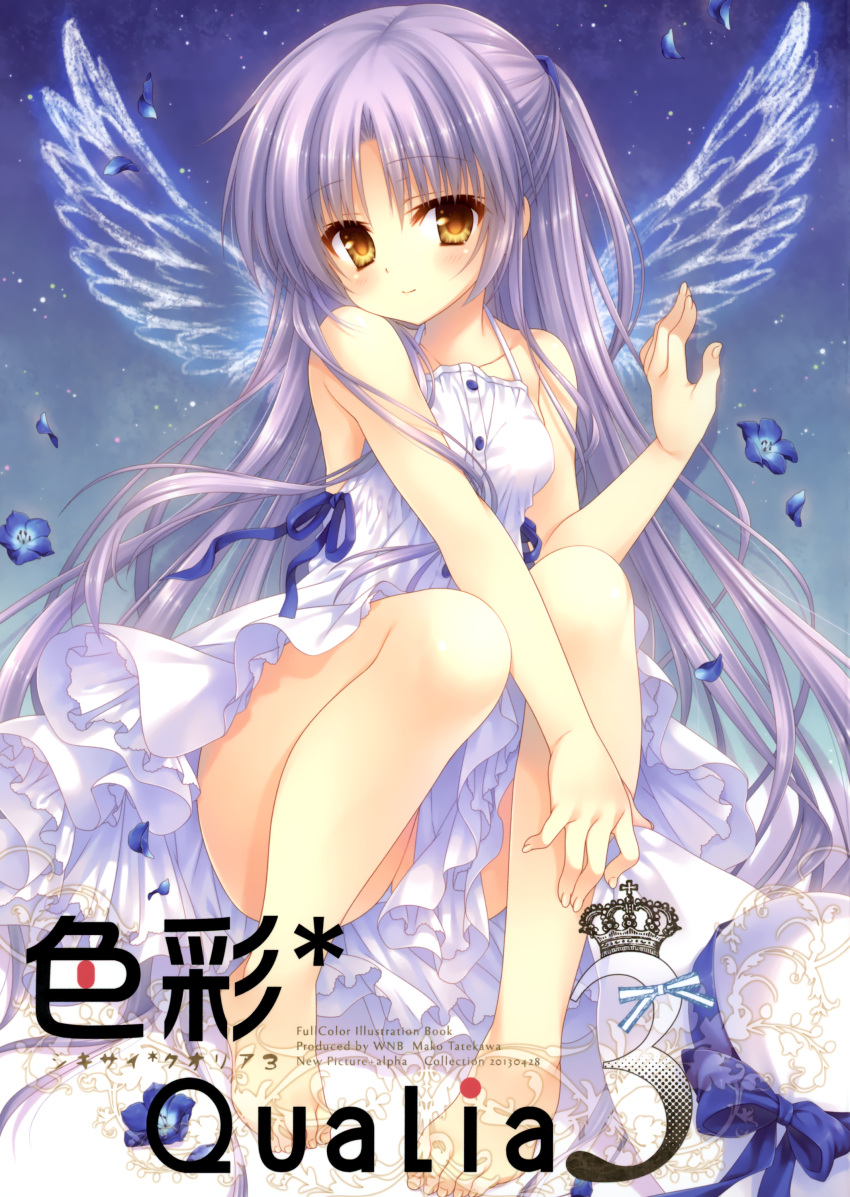 1girl absurdres angel_beats! angel_wings arm_between_legs ass bangs bare_arms bare_legs bare_shoulders barefoot blue_bow blue_flower blush bow breasts closed_mouth clothes_between_thighs collarbone dress feet fingernails flower frilled_dress frills grey_hair hat hat_bow hat_removed hat_ribbon head_tilt headwear_removed highres holding holding_clothes holding_hat knees_together_feet_apart long_hair looking_at_viewer parted_bangs petals ribbon sitting small_breasts smile solo straight_hair tachibana_kanade tatekawa_mako thighs toes two_side_up very_long_hair white_dress white_headwear wings yellow_eyes