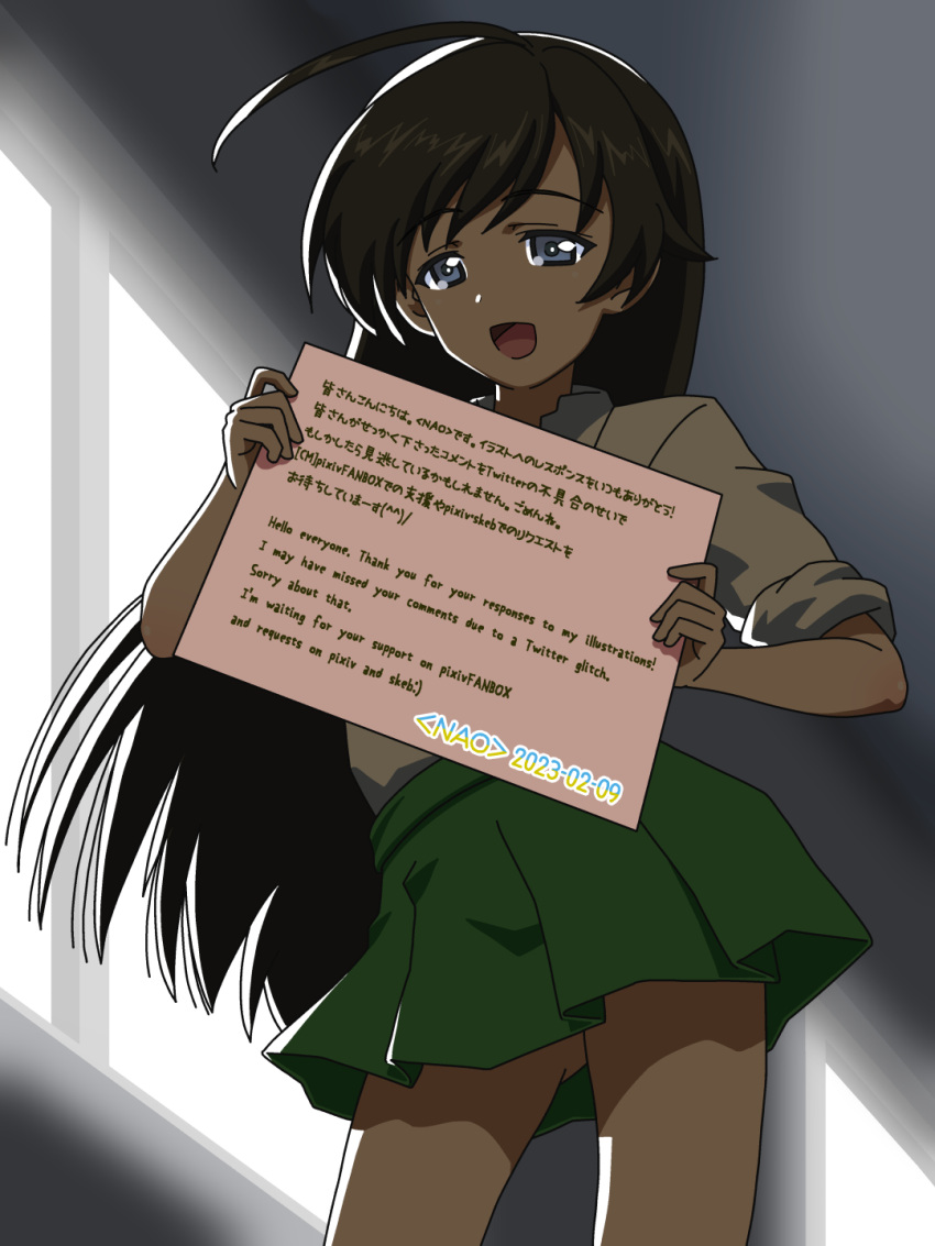 1girl ahoge apologizing artist_name backlighting bangs black_eyes black_hair commentary_request cowboy_shot dark dated dress_shirt english_text girls_und_panzer green_skirt half-closed_eyes highres isuzu_hana long_hair long_sleeves looking_at_viewer miniskirt naotosi open_mouth pleated_skirt shirt skirt sleeves_rolled_up smile solo standing translation_request white_shirt window