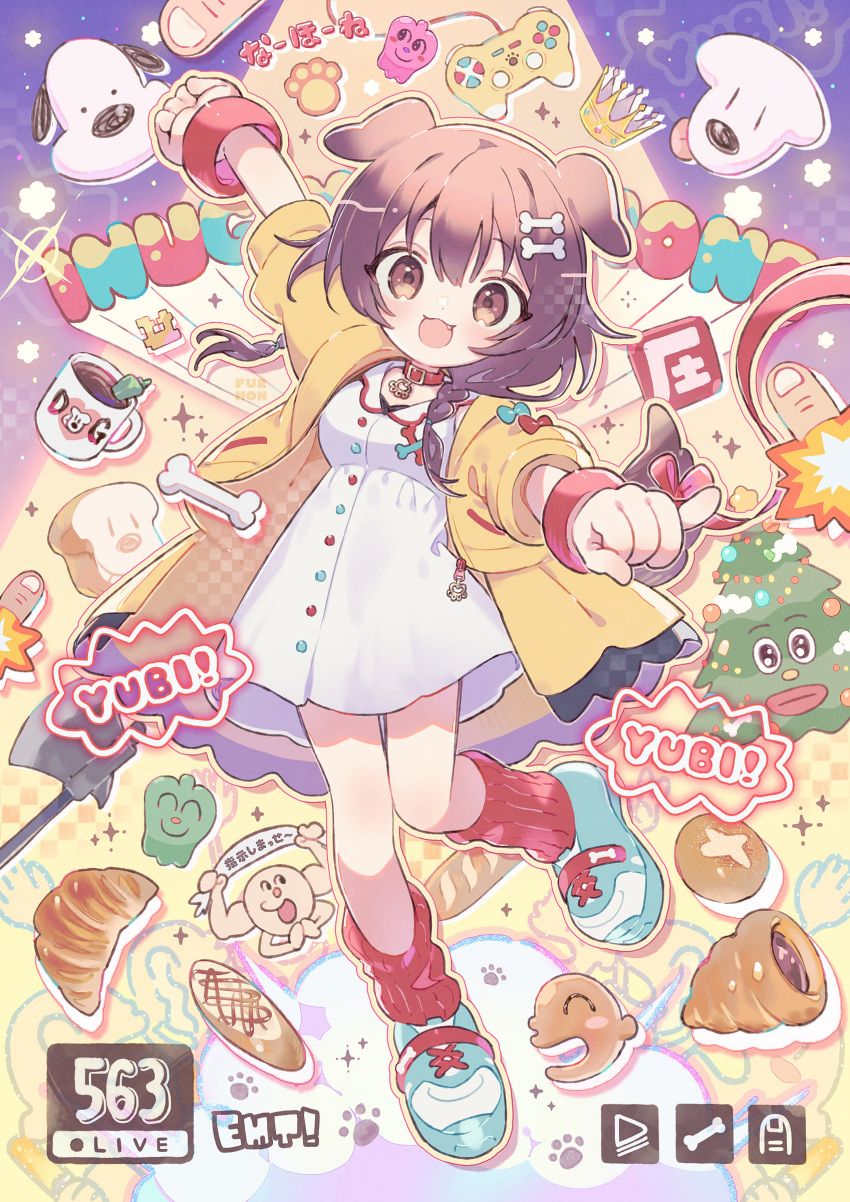 1girl :d absurdres animal_collar animal_ears bangs blue_footwear bone_hair_ornament braid brown_hair chibi collar commentary dog_ears dog_girl dog_tail dress fang full_body futo-inu hair_between_eyes hair_ornament hairclip highres hololive hoso-inu inugami_korone jacket light_blush listener_(inugami_korone) long_hair looking_at_viewer loose_socks low_twin_braids low_twintails msin off_shoulder open_clothes open_jacket open_mouth pinky_out red_collar red_socks shoes short_dress smile sneakers socks solo symbol-only_commentary tail twin_braids twintails virtual_youtuber white_dress yellow_jacket yubi_yubi_(inugami_korone)