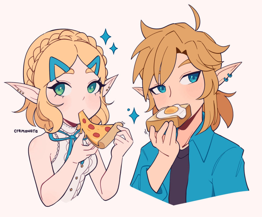 1boy 1girl blonde_hair blue_eyes blue_shirt cremanata ear_piercing earrings english_commentary food food_in_mouth fried_egg fried_egg_on_toast green_eyes highres holding holding_food holding_pizza jewelry link medium_hair mouth_hold piercing pizza pizza_slice pointy_ears princess_zelda shirt simple_background the_legend_of_zelda toast toast_in_mouth upper_body white_background white_shirt