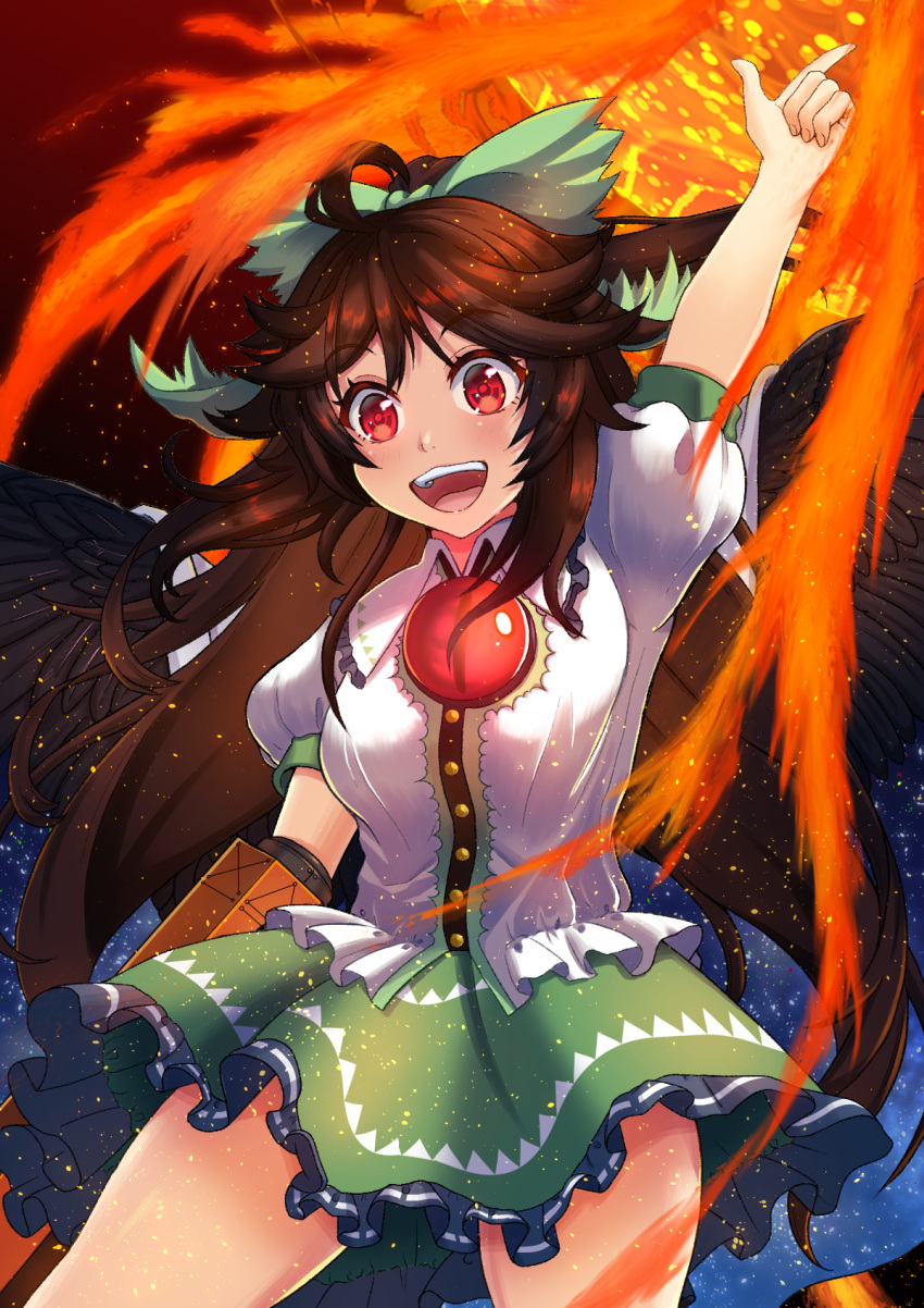 1girl ahoge arm_cannon arm_up bangs bird_wings black_wings blush bow breasts brown_hair buttons cape collared_shirt commentary_request control_rod cowboy_shot fire frilled_shirt_collar frilled_skirt frills green_bow green_skirt hair_bow highres jouzou large_breasts long_hair looking_at_viewer open_mouth pointing pointing_up puffy_short_sleeves puffy_sleeves red_eyes reiuji_utsuho shirt short_sleeves skirt smile solo starry_sky_print teeth third_eye touhou upper_teeth_only weapon white_cape white_shirt wings