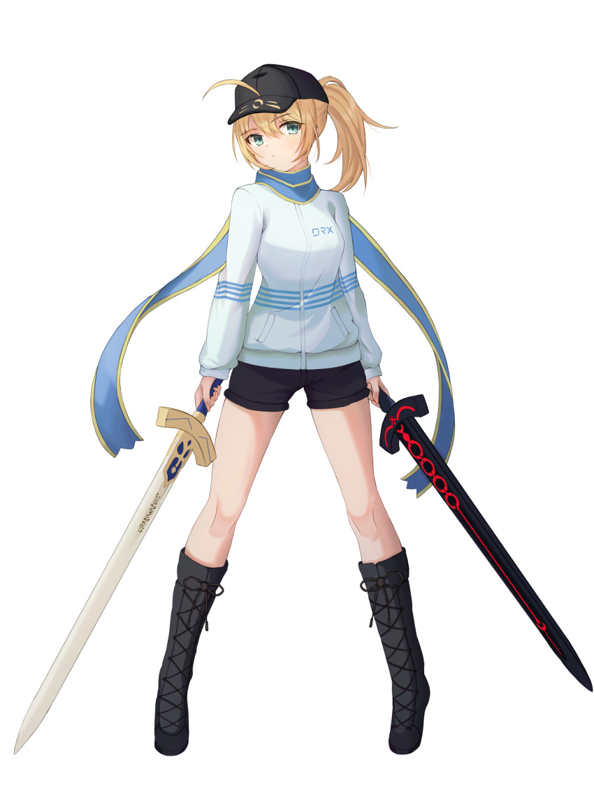 1girl absurdres ahoge artoria_pendragon_(fate) black_footwear black_headwear black_shorts blonde_hair blue_jacket blue_scarf boots cross-laced_footwear dual_wielding excalibur_morgan_(fate) fate/grand_order fate_(series) green_eyes highres himitsucalibur_(fate) holding holding_sword holding_weapon jacket mysterious_heroine_x_(fate) ponytail saber scarf shorts solo sword track_jacket user_wvks7835 weapon