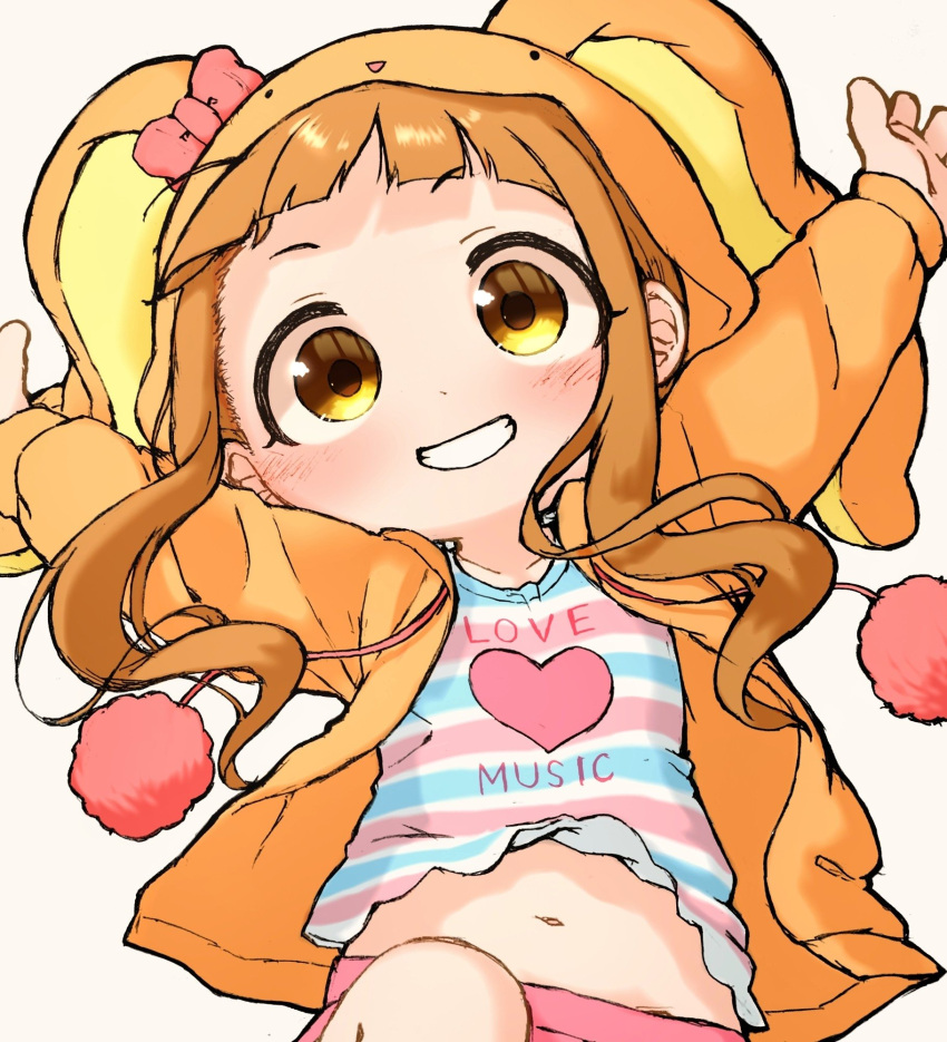 1girl animal_hood arms_up belly blush bow brown_hair commentary_request female_child flat_chest grin heart highres hood hooded_jacket ichihara_nina idolmaster idolmaster_cinderella_girls jacket long_hair long_sleeves looking_at_viewer mugenhouyou navel open_clothes open_jacket orange_jacket pink_bow pink_skirt pom_pom_(clothes) print_shirt rabbit_hood shirt short_bangs sidelocks skirt smile solo striped striped_shirt upper_body white_background yellow_eyes