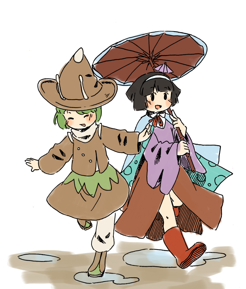 2others absurdres amanomiya_jun amanomori_shou androgynous antennae baila_kuangzi bangs black_eyes black_hair blue_cape boots brown_headwear brown_shirt brown_skirt cape closed_eyes collared_shirt commentary green_hair hairband happy hat highres holding holding_umbrella len'en long_sleeves multiple_others neck_ribbon open_mouth other_focus outstretched_arms pants pointy_hat puddle purple_sweater red_footwear red_ribbon ribbon running shirt short_hair sketch skirt smile spread_arms sweater symbol-only_commentary umbrella umbrella_hair_ornament white_hairband white_pants white_shirt