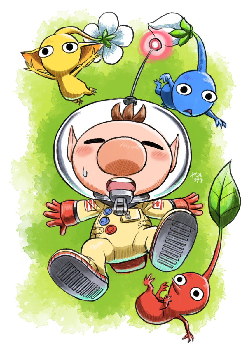1boy artist_name big_nose blush brown_hair closed_eyes commentary_request english_commentary falling flower full_body gloves green_background helmet highres koaraymt leaf mixed-language_commentary olimar open_mouth pikmin_(creature) pikmin_(series) radio_antenna red_gloves simple_background space_helmet spacesuit super_smash_bros. sweatdrop teeth upper_teeth_only white_background white_flower