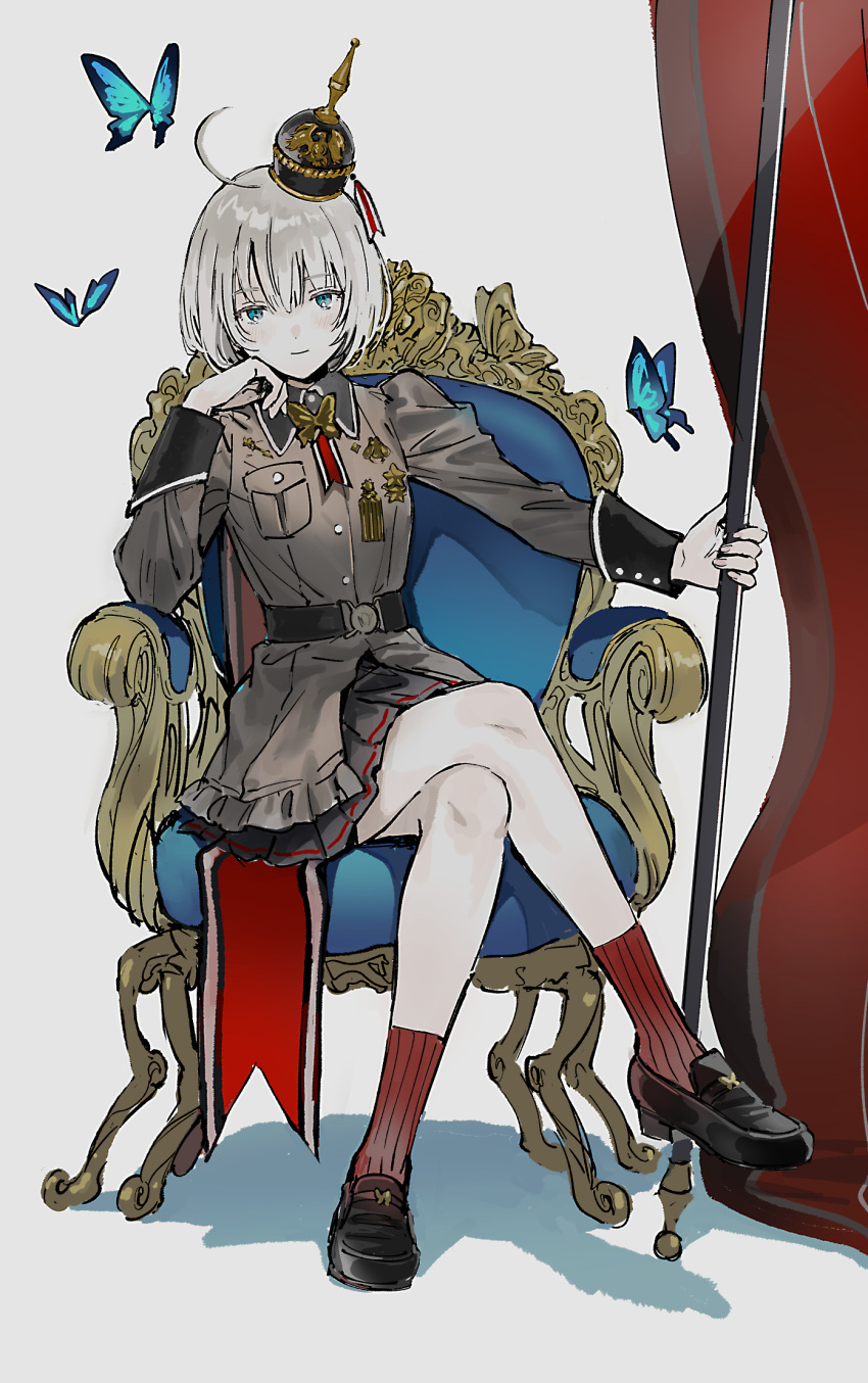 ahoge arm_support black_skirt blue_butterfly blue_eyes bug butterfly c-93_(girls'_frontline) commentary_request crossed_legs dm_owr flag full_body girls_frontline grey_hair hair_between_eyes helmet highres holding holding_flag light_smile loafers looking_at_viewer military military_uniform on_chair pickelhaube pleated_skirt red_socks shoes short_hair sitting skirt socks uniform