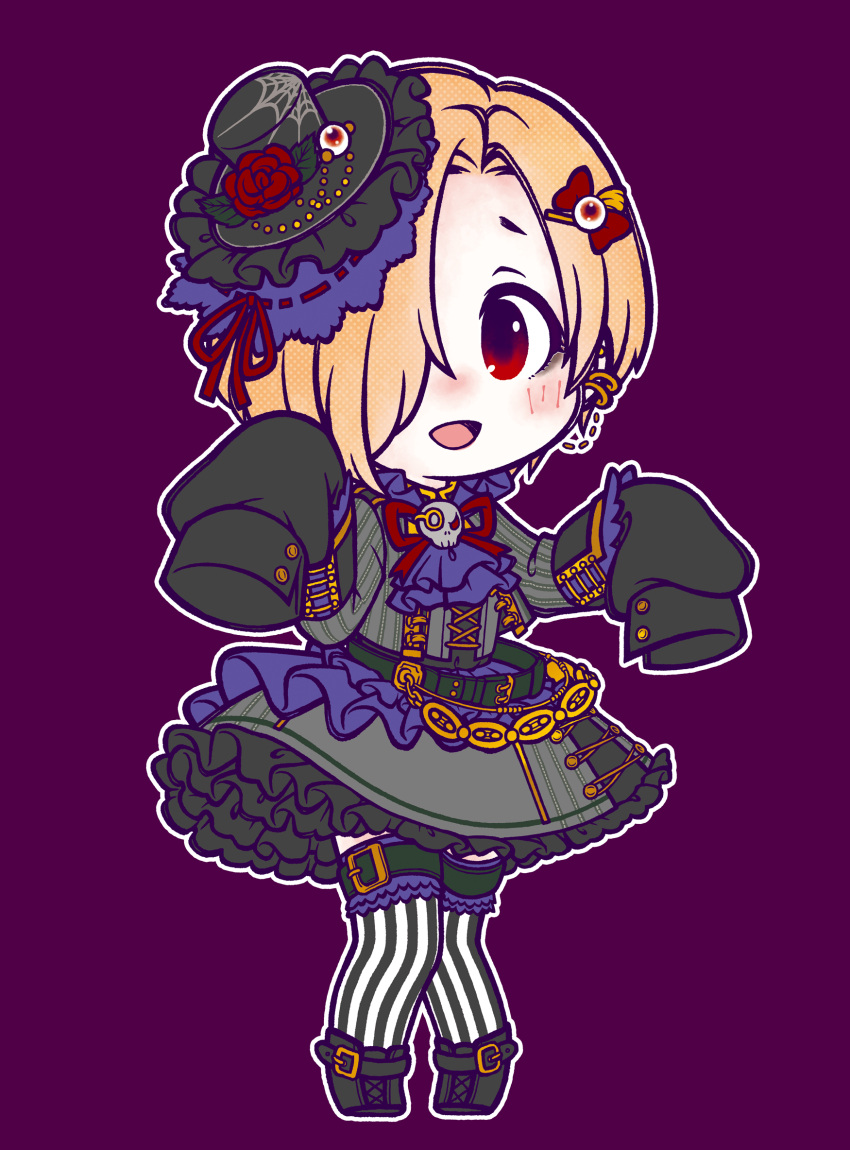 ascot belt black_dress black_headwear blonde_hair blue_ascot blush bow chain dress earrings eyeball_hair_ornament hair_over_one_eye hat highres idolmaster idolmaster_cinderella_girls jewelry mini_hat mini_top_hat no_nose open_mouth purple_background red_bow shirasaka_koume short_hair simple_background sleeves_past_fingers sleeves_past_wrists striped striped_thighhighs syoko66 thigh-highs thigh_belt thigh_strap top_hat vertical-striped_thighhighs vertical_stripes