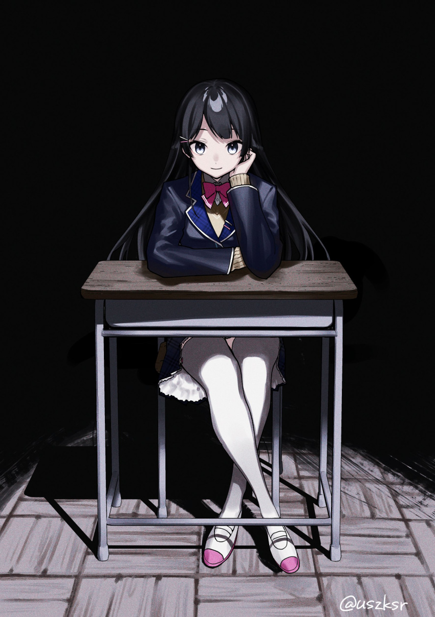 1girl absurdres bangs black_eyes black_hair black_jacket blazer blunt_bangs bow bowtie brown_cardigan cardigan chair closed_mouth collared_shirt crossed_legs dark_background desk frilled_skirt frills hair_ornament hairclip hand_on_own_cheek hand_on_own_face hand_up head_rest highres hime_cut jacket long_hair looking_at_viewer nijisanji pink_bow pink_bowtie school_chair school_desk school_uniform shadow shirt shoes sitting skirt smile solo thigh-highs tsukino_mito twitter_username usasaki_shiro uwabaki white_shirt white_thighhighs wooden_floor