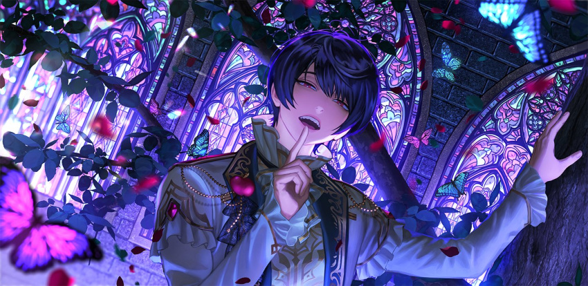 1boy bangs black_hair blackbox_(blackbox9158) blue_butterfly blurry blurry_foreground branch bug butterfly ensemble_stars! finger_to_mouth hair_between_eyes korean_commentary leaf long_sleeves looking_at_viewer male_focus open_mouth petals purple_butterfly red_eyes sakuma_ritsu short_hair solo teeth tongue upper_body upper_teeth_only