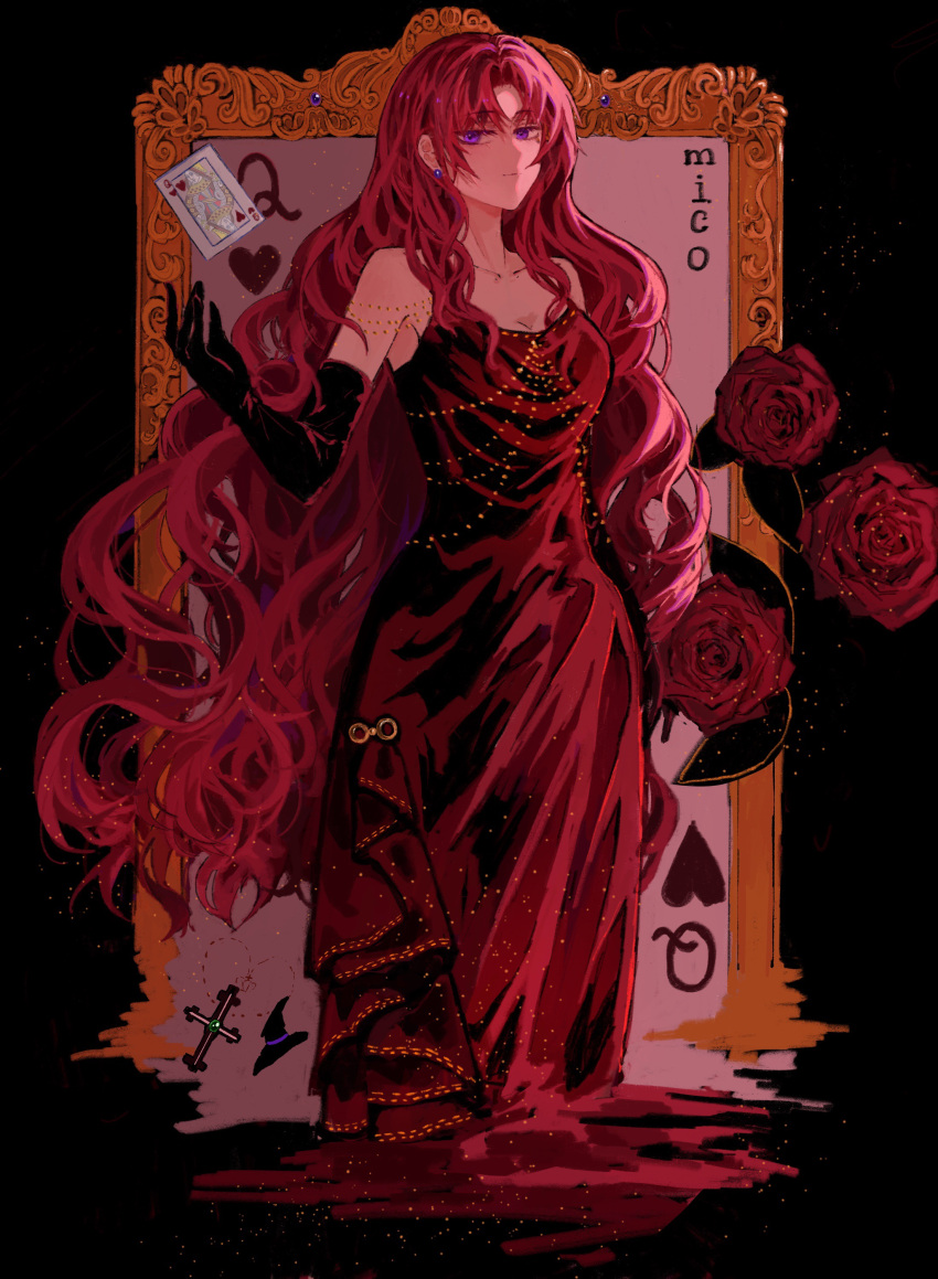 1girl absurdres card_(medium) dress flower hearts_(i_became_a_god_in_a_horror_game) highres i_became_a_god_in_a_horror_game jewelry kangshifumifen long_hair looking_at_viewer red_dress red_flower red_rose redhead rose solo violet_eyes