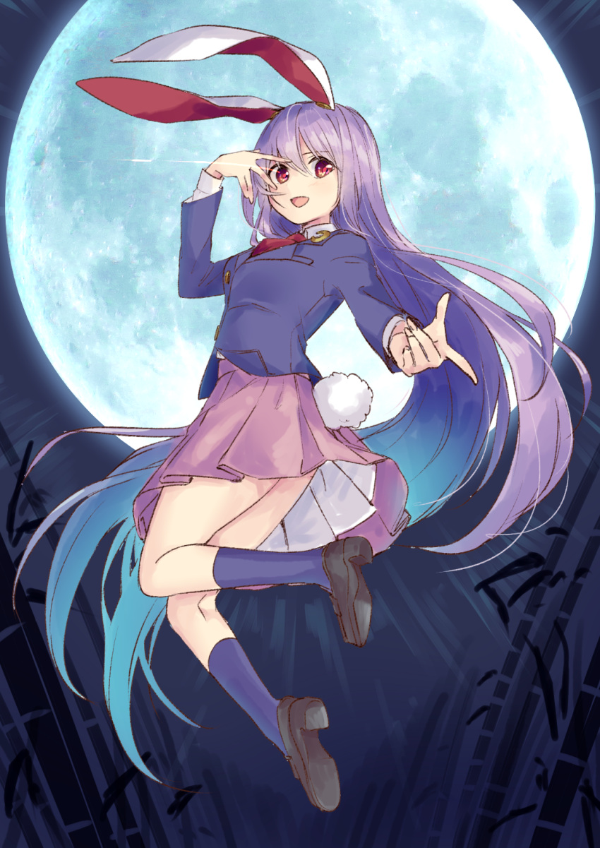1girl animal_ears bamboo black_jacket commentary_request crescent crescent_pin eye_trail finger_gun full_moon highres jacket ksk_(semicha_keisuke) light_trail long_hair moon necktie night open_mouth pink_skirt purple_hair rabbit_ears rabbit_tail red_eyes red_necktie reisen_udongein_inaba shirt shoes skirt solo tail touhou white_shirt