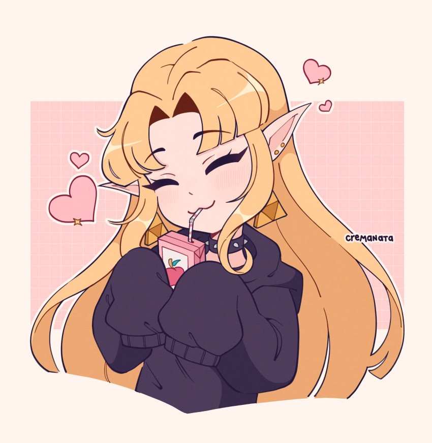 1girl black_hoodie blonde_hair choker closed_eyes cremanata drinking_straw ear_piercing earrings english_commentary heart highres hood hoodie jewelry juice_box long_hair piercing pointy_ears princess_zelda simple_background spiked_choker spikes the_legend_of_zelda upper_body