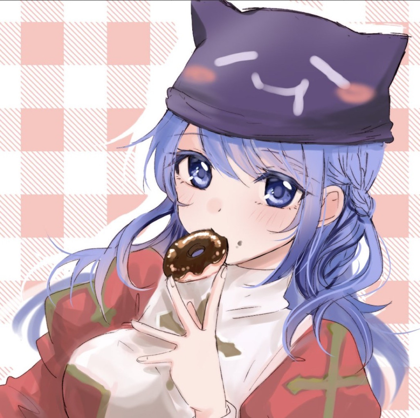 1girl blue_eyes blue_hair blush braid breasts chocolate closed_mouth cross deviruchi_hat doughnut dress food food_in_mouth french_braid hat high_priest_(ragnarok_online) juliet_sleeves long_hair long_sleeves looking_at_viewer medium_breasts pink_background puffy_sleeves purple_headwear ragnarok_online ragnarok_origin red_dress shimako_(user_jsaa7243) solo two-tone_dress upper_body white_background white_dress
